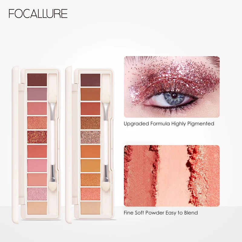 FOCALLURE 10 Colors Makeup Eye Shadow Palette Waterproof Matte Glitter Eyeshadow Kit Pink Nude Eye Cosmetics With Mirror Brush