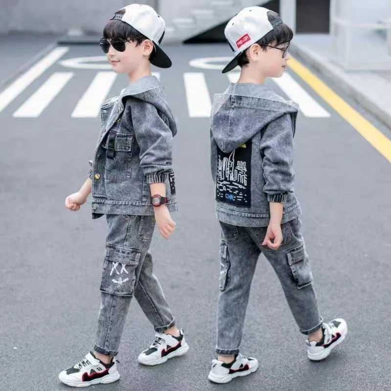 Boys spring and autumn denim suit new big boy Korean version of the trend of two-piece fashion jacket + pants 2-piece set