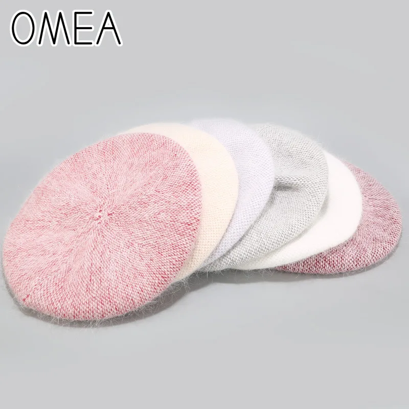 OMEA Angora Rabbit Hair Hat Winter Knitted Women Berets Hat Solid Color French Hat Berets Caps for Women Warm Beanie Beret 2019