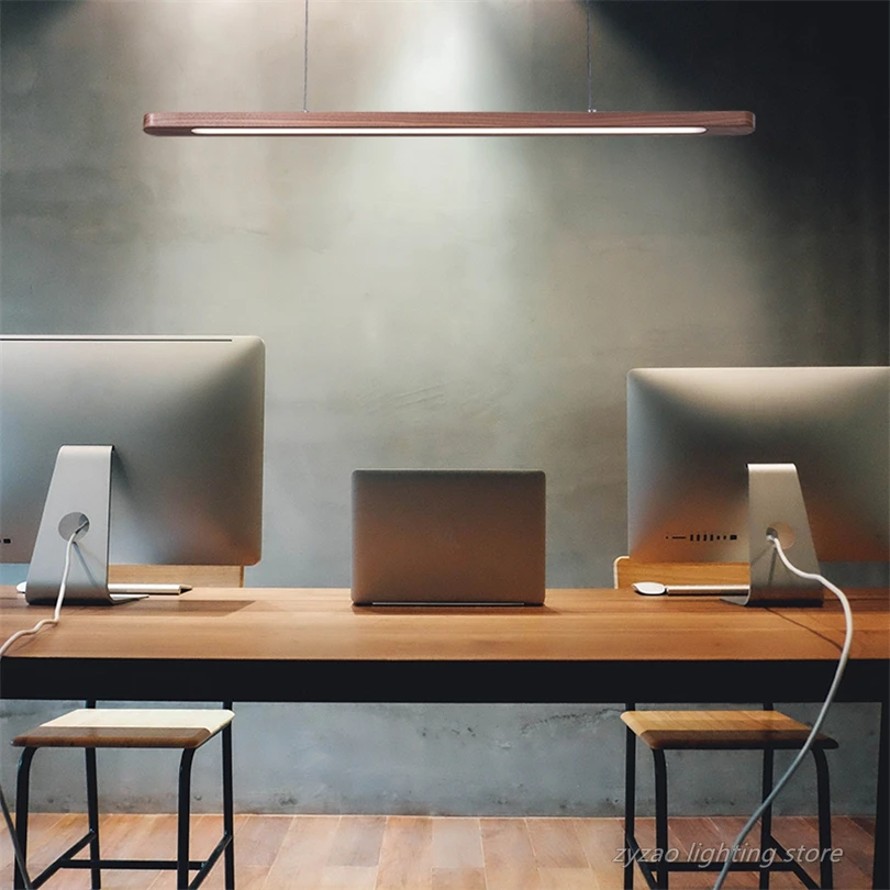 Nordic Wooden LED Pendant Lights Dining Room Restaurant Kitchen Hanging Lamp Home Decor Walnut Wood Office Strip Lights Fixtures