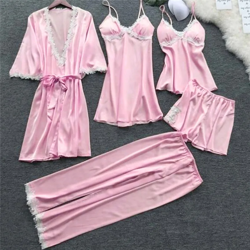 

2023 Women Satin Sleepwear 5 Pieces Pyjamas Sexy Lace Pajamas Sleep Lounge Pijama Silk Night Home Clothing Pajama Suit