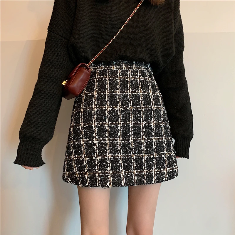 Fall Winter Plaid Wool Skirt Womens Plus Size Thick Woolen Glitter Mini Tweed Skirt Saia Feminina