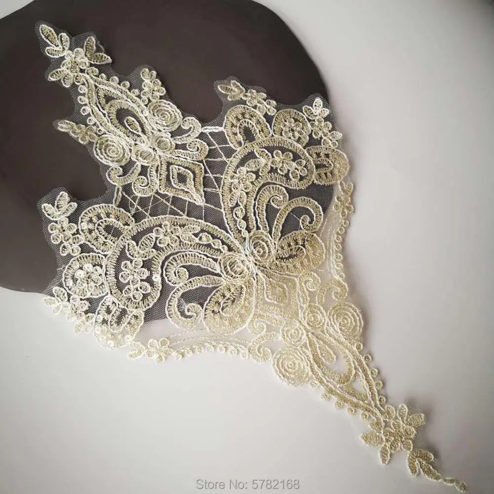 2Pcs/20X36.5cm Clear Sequins Champagne Gold Lace Appliques Flower Sewing Trims Wedding Decoration