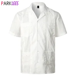 White Cuban Camp Guayabera Shirt Men Stylish Embroidered Woven Button-Down Shirts Mens Mexican Caribbean Style Beach Shirts 2XL