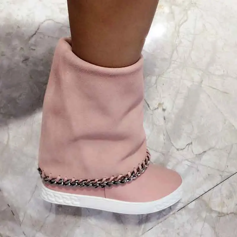 

Chain Botines mujer suede leather platform shoes metal decoration ankle boots height increasing wedges snow boots woman botas