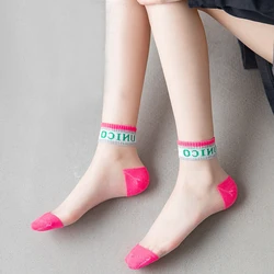 Pink Letter Socks for summer Ultra-thin Transparent Cass Glass fiber Silk Socks Fashion daisy Ankle Short Lace invisible Women