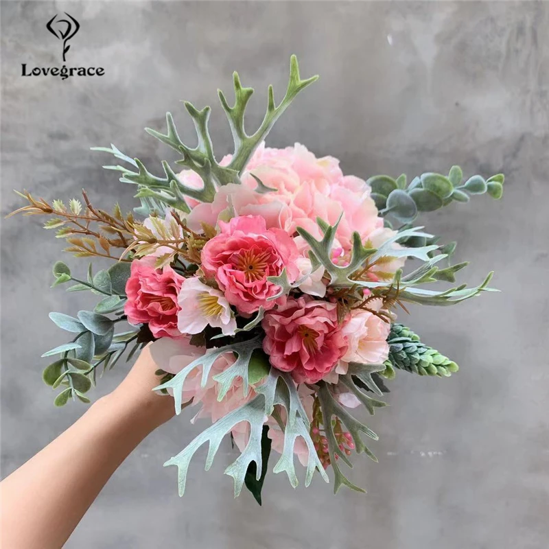 Lovegrace Bridal Bouquet Wedding Artificial Flower Silk Peony Dahlia Bridesmaids Bouquets Flower Forest Style Home Party Decor