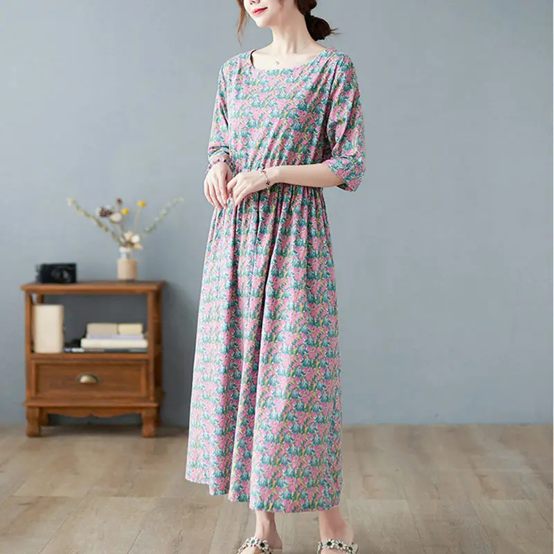 Mùa Xuân Và Thu 2022 Retro Hoa Vải Lanh Cotton Nửa Áo Đầm Tay Áo Dây Kéo Nữ Vestidos E303