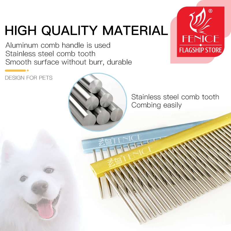 Fenice Dog Comb Long Thick Hair Fur Removal Brush Stainless Steel Pets Dog Cat Grooming Combs For Shaggy Dogs Barber