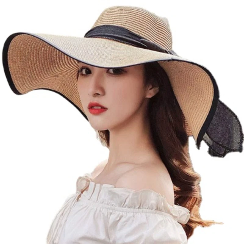 

Women's Elegant Big-brimmed Straw Hat and Big Head Circumference Solid Color Wide-brimmed Summer Hat Travel Seaside Sun Hat