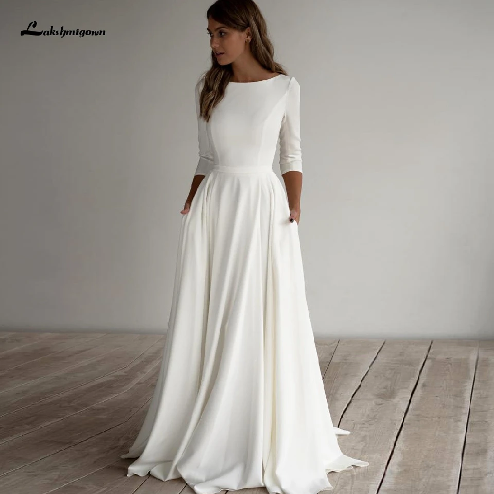 Einfache Satin Hochzeit Kleid EINE Linie 2022 Robe Femme Elegante Braut Kleid 3/4 ärmeln Strand Hochzeit Kleider mit Taschen