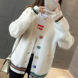 Zoki Fashion V Neck Women Cardigan Sweater Autumn Long Sleeve Single Breasted Knit Coat Casual Korean Striped Pocket Sweater