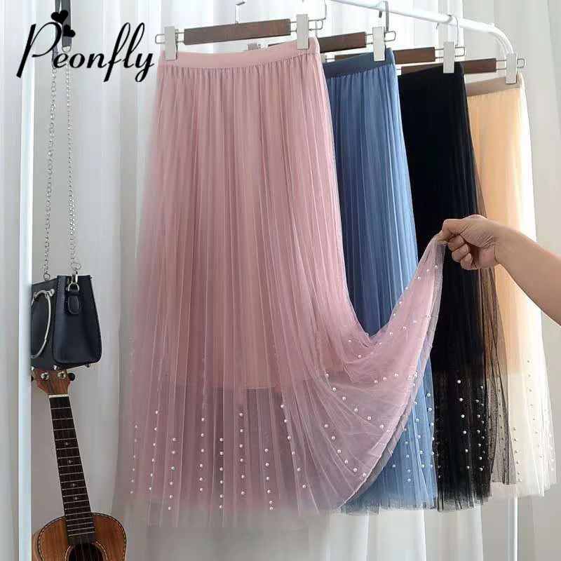 PEONFLY Elegant High Waist Tulle Skirts Women Midi Pleated Skirts 2022 Spring Summer Korean Elastic Mesh Tutu Skirts Pink Blue