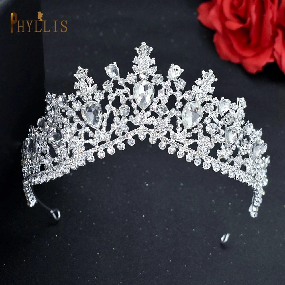 Corona de boda de cristal para mujer, conjunto de joyería barroca para el cabello, collar, pendientes, diademas de diamantes de imitación, Tiaras nupciales, A46