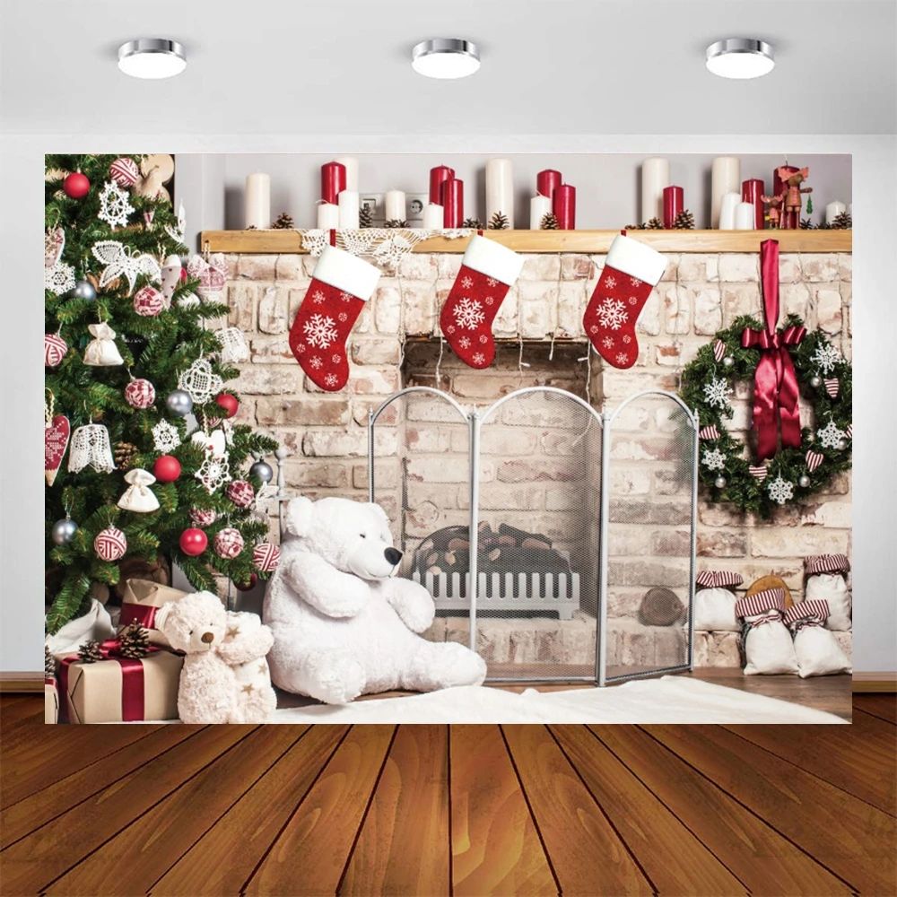 Christmas Fireplace Backdrops for Photography Xmas Tree Sock Gift Decorations Party Photo Background Pictures Photobooth Props