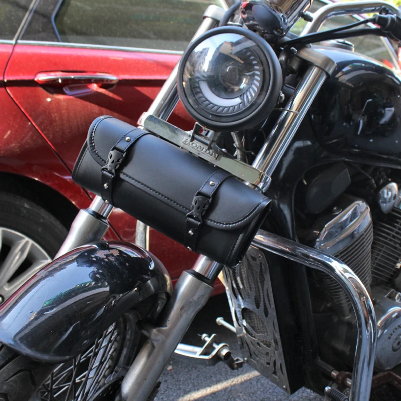Universal Motorcycle PU Leather Handlebar Front Fork Tool Bag SaddleBag Storage Pouch Luggage Custom Cruiser Chopper Cafe Racer