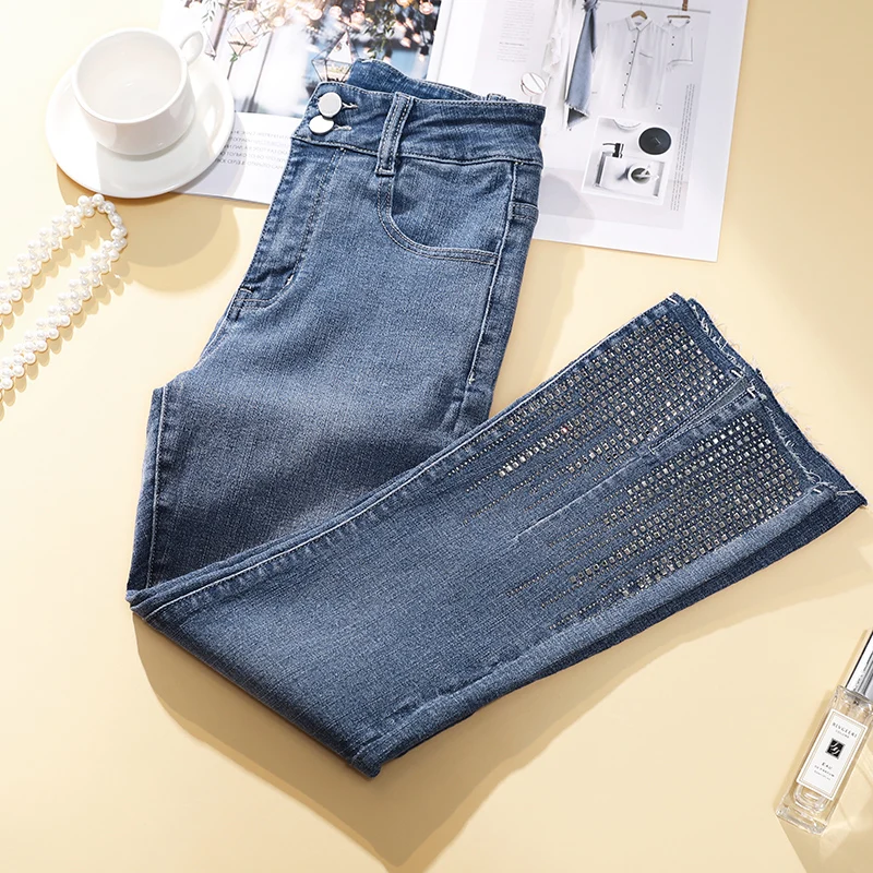 Fashion Women Flare Jeans 2022 New Spring Paste Drill Stretch Denim Pants Female High Waist Ankle Length Pants Trousers