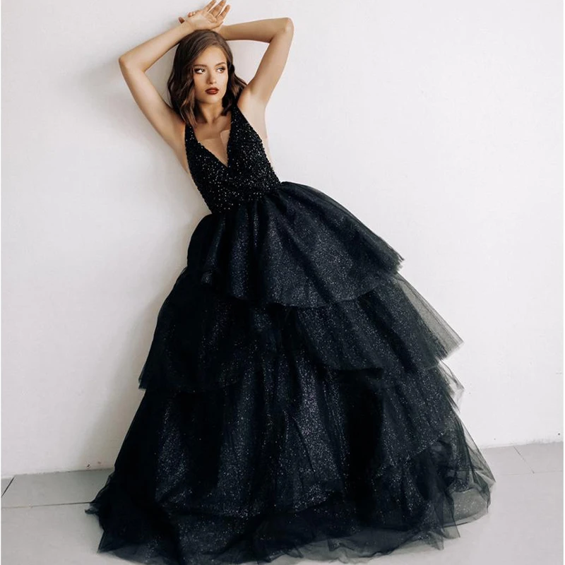 Black Princess Prom Dress Long Sexy Ball Gowns Trered Backless 2022 New Sweep Train Deep V-neck Haute Couture