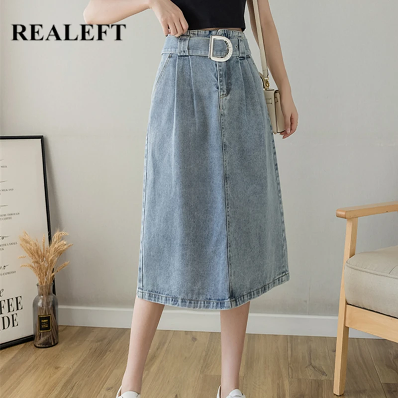 

REALEFT 2021 New Denim Women's Umbrella Skirts with Belted Spring Summer High Waist Blue Jeans Female A-Line Midi Skirts Pockets