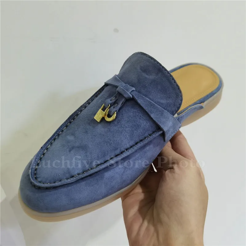High-quality Suede Leather Mules Women Round Toe Slip-on Loafers Shoes Ladies Metal Decor Fringed Casual Flat Shoes Mujer