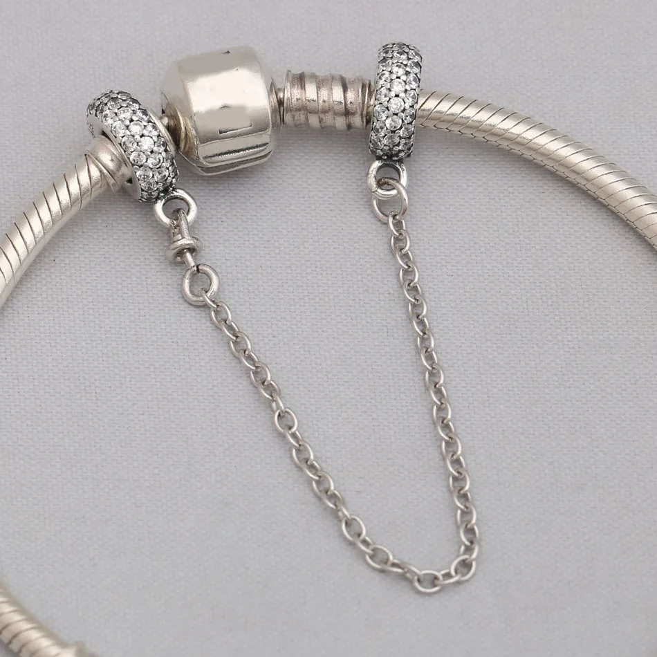 

Girls Bracelets Bead Silver DIY Jewelry Pave Inspiration Safety Chain Charm fit Lady Bracelet Bangle Crystals Clear CZ