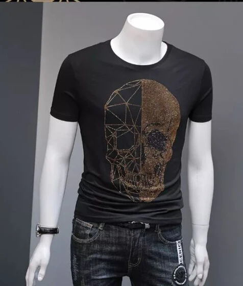 S-6XL  Summer Top Mens Skulls Rhinestones Skull Graphic  t Shirt  Modal Cotton Anime Short Sleeve Slim Tee