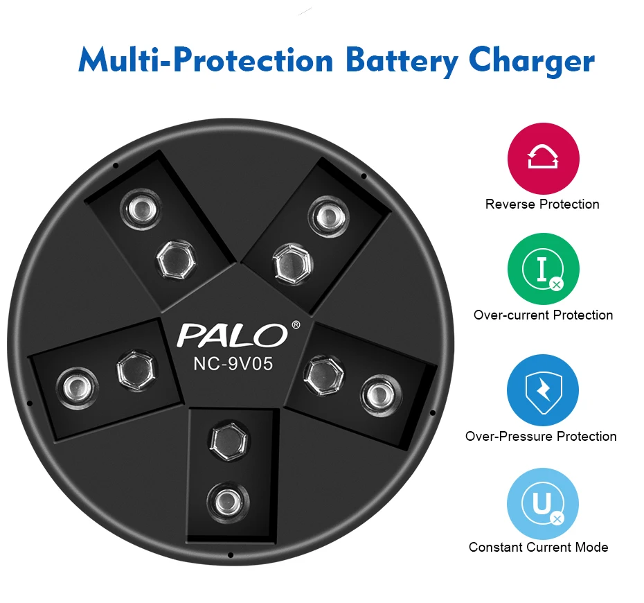 PALO 5 Slots 9V 6F22 Charger Smart Charger USB 9 Volt Battery Charger for 9V Ni-MH Lithium-ion Rechargeable Batteries