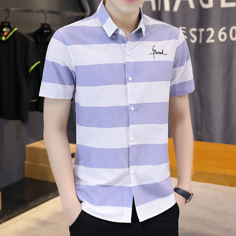 

New Business High Quality Shirt Summer Square Collar Fashion Stripe Short Sleeve Design Men's Popular Cardigan Slim Soft Top