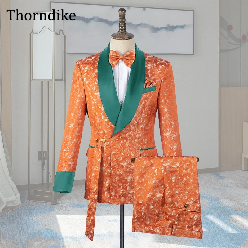 Thorndike Mens Orange Suits Wedding Party Slim Fit Tuxedos Suit for Men Suit 2pcs Blazer Jacket Pants Set Costume Homme Slim Fit