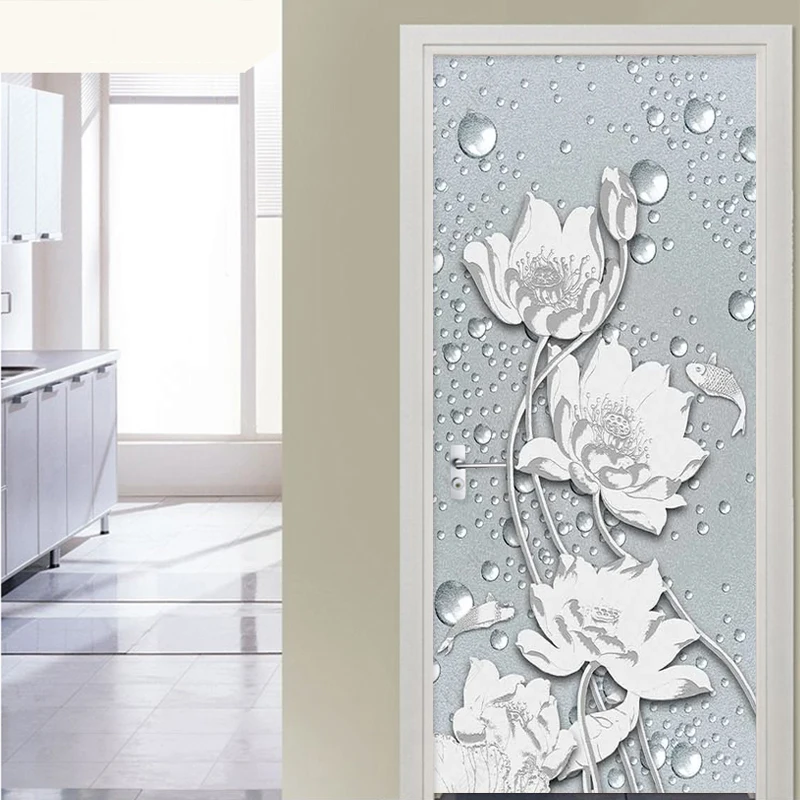 PVC Door Sticker Chinese Style 3D Relief Lotus Flowers Wallpaper Living Room Bedroom Dining Room Door Decal Home Design Stickers