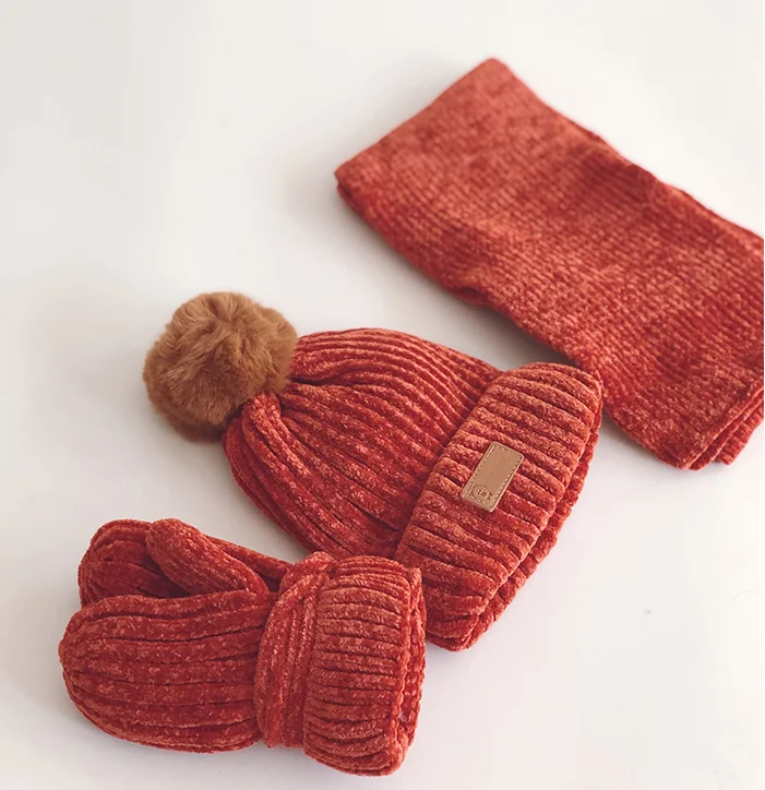 3PCS Fashion Cotton Baby knit Hat Scarf Gloves Autumn Winter Children Scarf-collar Boys Girls Warm Beanies Caps Scarf Sets