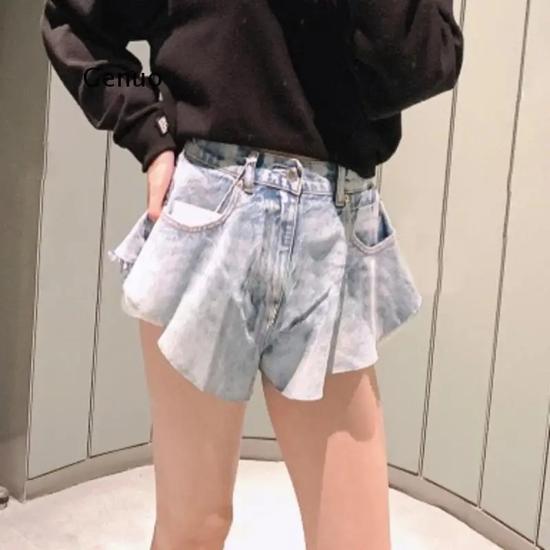

New Fashion 2021 Summer Autumn Sexy Lace-Up Mid Waist Pockets Zipper Loose Mini Denim Shorts Women