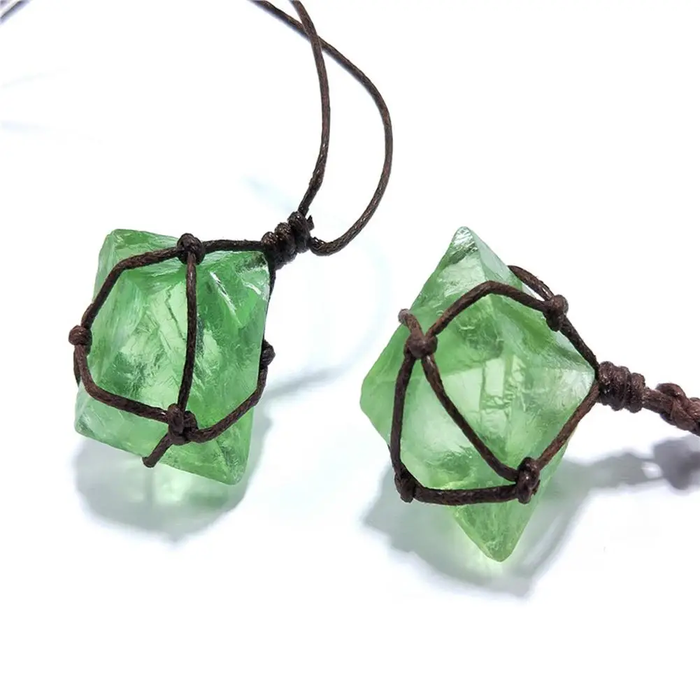 Natural Emerald Crystal Pendant Healing DT Gemstone Wand Reiki Green Fluorite Wrap Braid Necklace Yoga Macrame for Men Women - Image 4