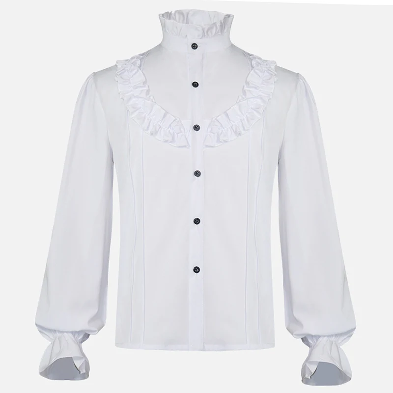 Branco com babados gola alta estilo vitoriano, camisa medieval masculina gótica