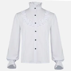 White Ruffles Stand Collar Lantern Sleeve Victorian Style Medieval Shirt Gothic Clothes Men Vintage Top Banquet Party Daily Wear