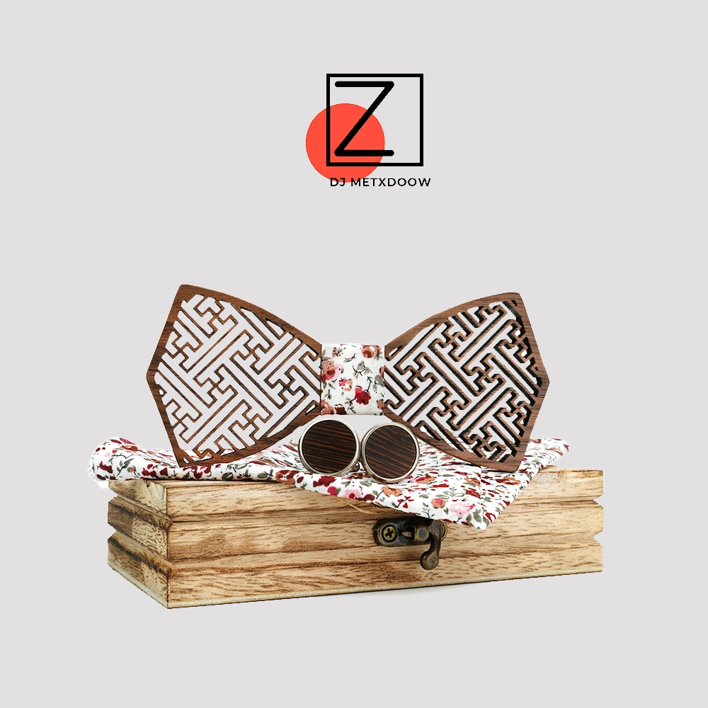 

New design Wooden tie Pocekt Square Cufflinks Fashion wood bow tie wedding dinne Handmade corbata Wooden Ties Gravata set M402