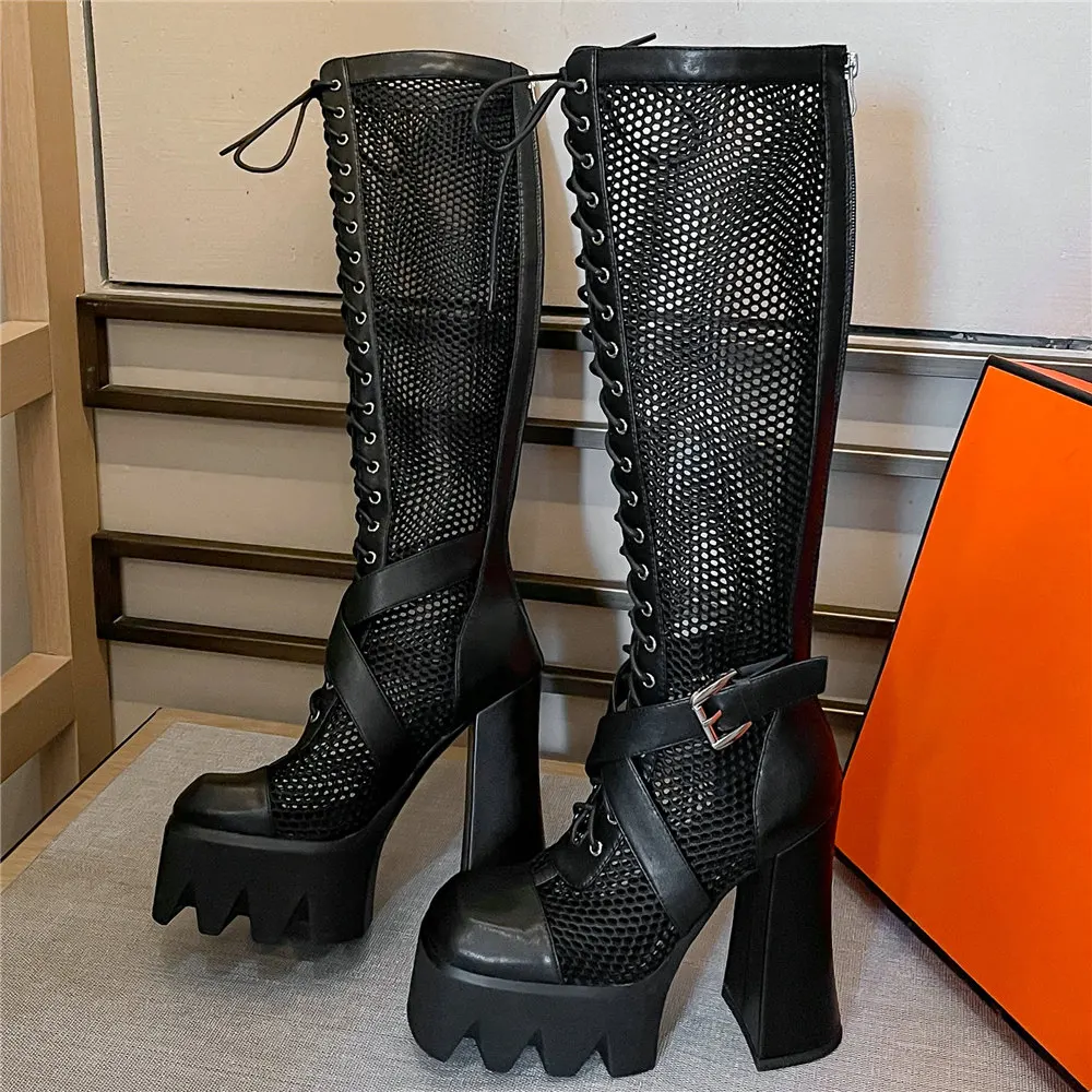 Lace Up Straps Thigh High Sandals Women Summer Genuine Leather Knee High Boots Female Breathable High Heel Platform Pumps Shoes