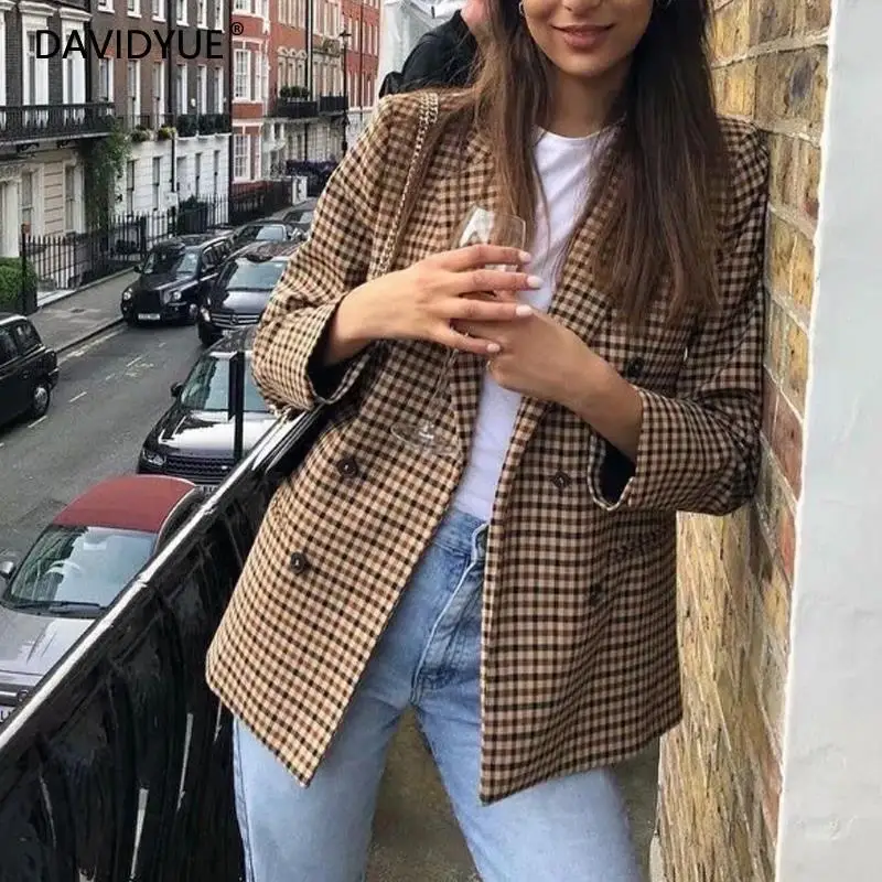 Fall 2022 women blazer jacket ladies tops office wear women korean plaid blazer vintage orange long blazer coat streetwear