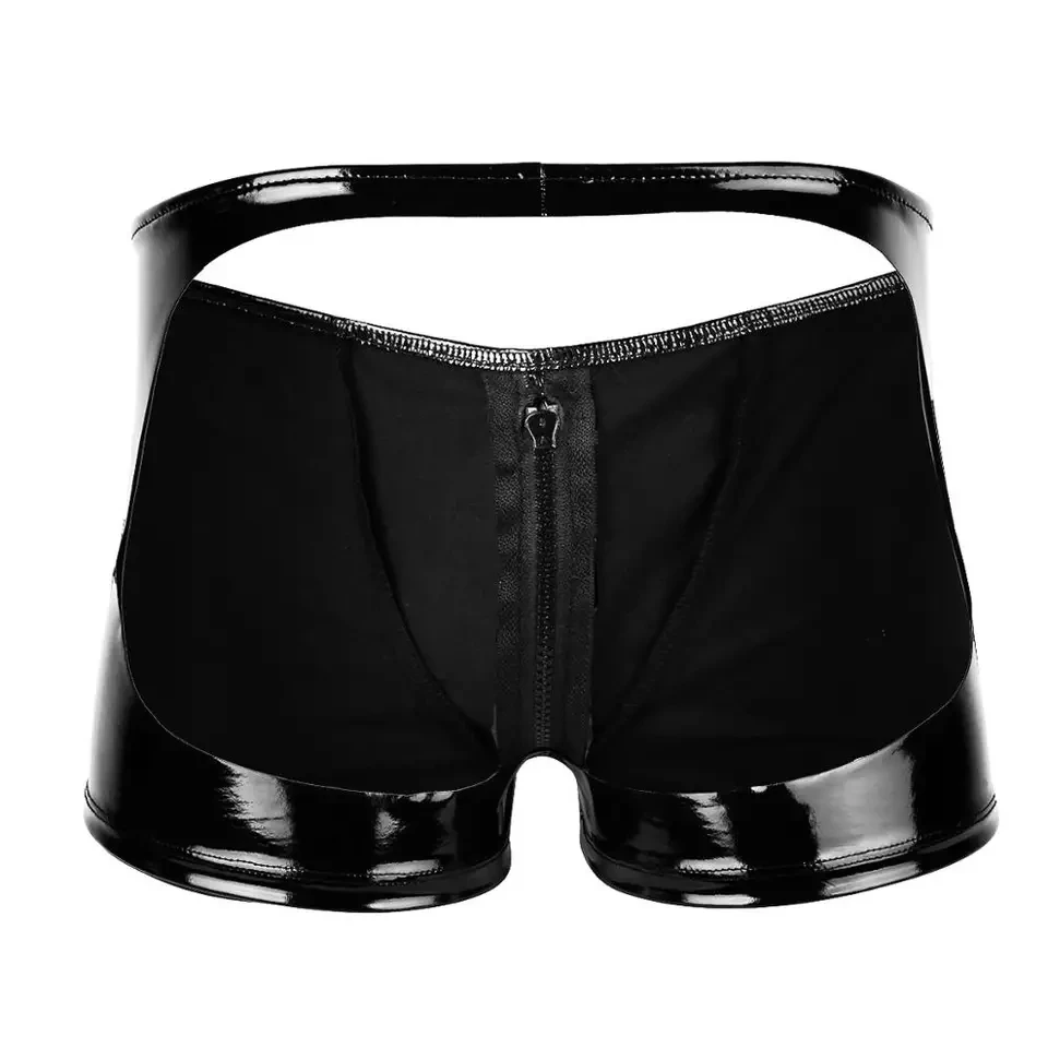 Mens Sexy Open Crotch Leather Short Pants For Sex Zipper Crotchless Shiny Patent Leather Fetish Boxer Erotic Hot Porn Pants Sexi