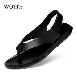 WOTTE Summer Men Leather Sandals New design Fashion Casual Black Slip On Sandals Man Men's Flat Rubber Leather Flip Flops