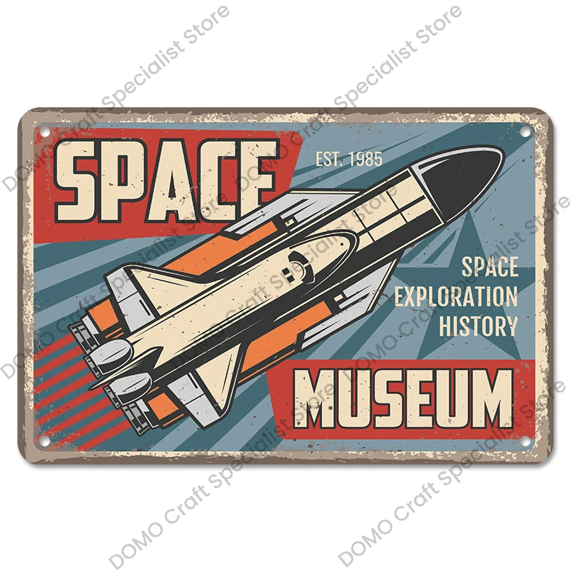 Space Museum Vinatge Posters Metal Sign Moon Rover Rocket Space Station Metal Tin Plate for Study Room Home Wall Decor