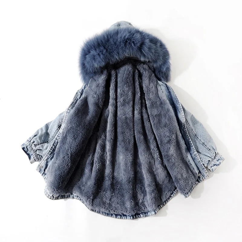 Quality High Women Winter Fur Lining Warm Loose FIt Denim Jacket Fox Fur Collar Hoody Jacket Casual Overcoat Cowboy Jeans Coats