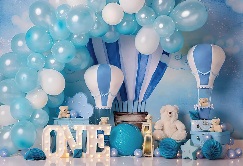 Mehofond การถ่ายภาพพื้นหลังสีฟ้า Hot Air บอลลูนหมี Boy 1st วันเกิดเค้ก Smash ภาพฉากหลัง Photo Studio Props