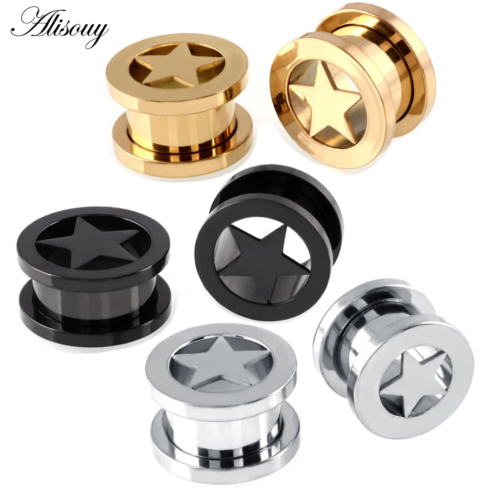 2PCS Steel Stars Ear Plugs Tunnels Screw Fit Ear Tunnels Hollow Gauges Earlet Ear Expander Ear Stretchers Rings Body Jewelry