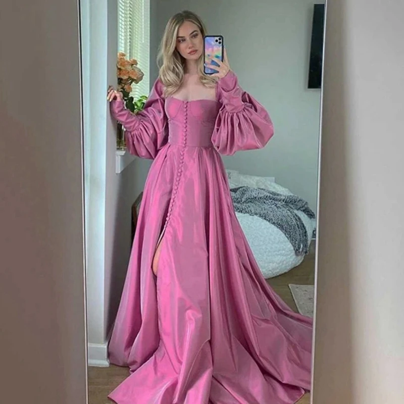 LORIE – robe de soirée trapèze rose élégante, longue, avec boutons, manches évasées, fente haute