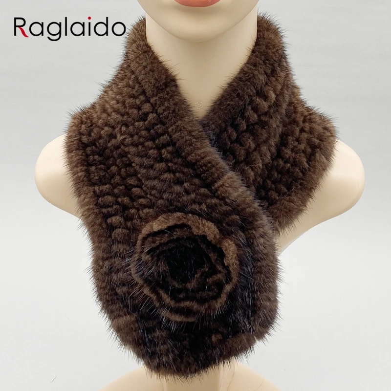 Bufanda de mujer, bufanda de piel de visón Natural, chales cálidos de invierno para mujer, calentador de cuello de punto liso con estilo, 62cm x 10cm