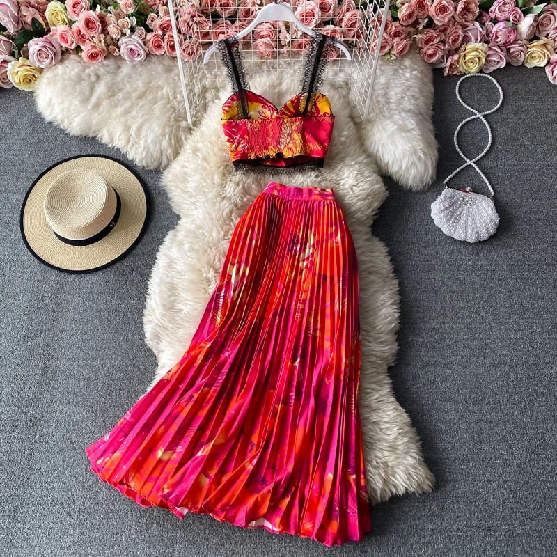 2024 Summer Boho Two Piece Set Women Holiday Beach Elegant 2pcs Set Strapless Crop Tops And High Waist Pleated Long Skirt Suit