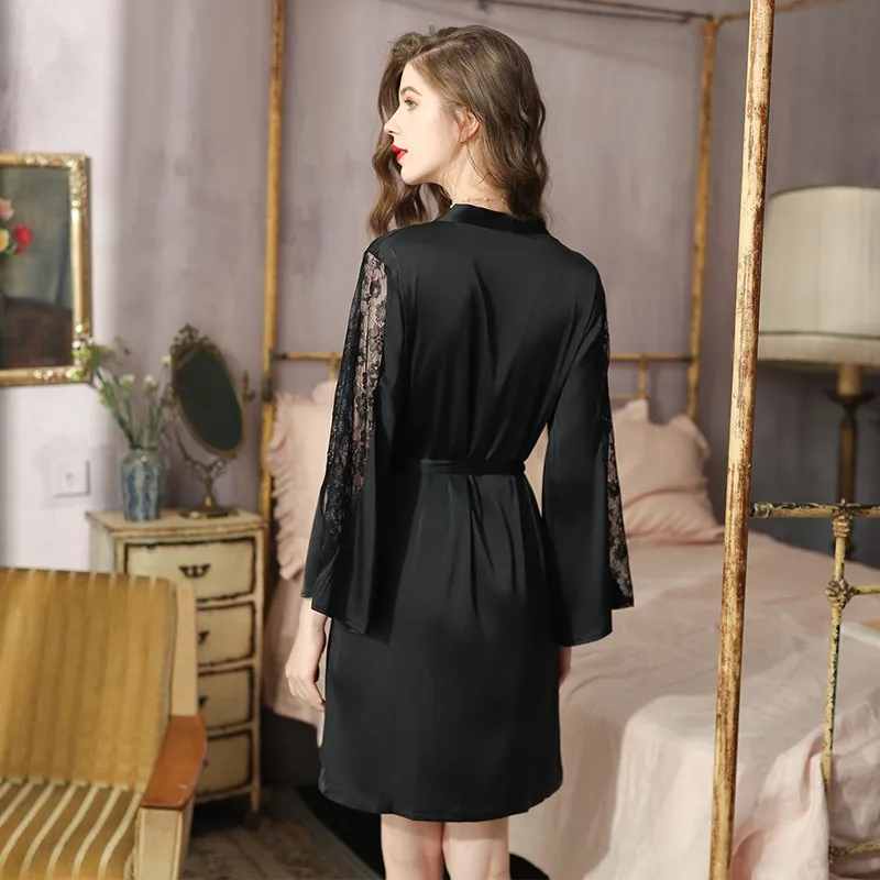 Silky Satin Nighty & Robe garnitur kobiety Kimono szlafrok bielizna nocna seksowny koronkowy Patchwork intymna bielizna nowa bielizna nocna Homewear — zdjęcie 6