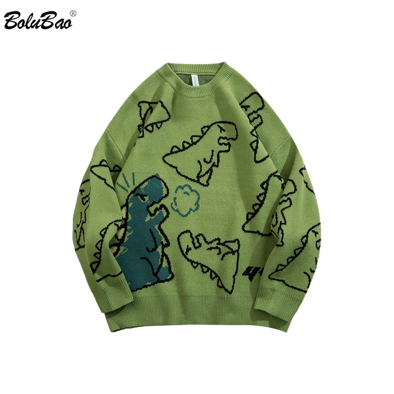 BOLUBAO Sweater Men Harajuku Knitted Hip Hop Streetwear Dinosaur Cartoon Pullover O-Neck Oversize Casual Couple Male Sweaters