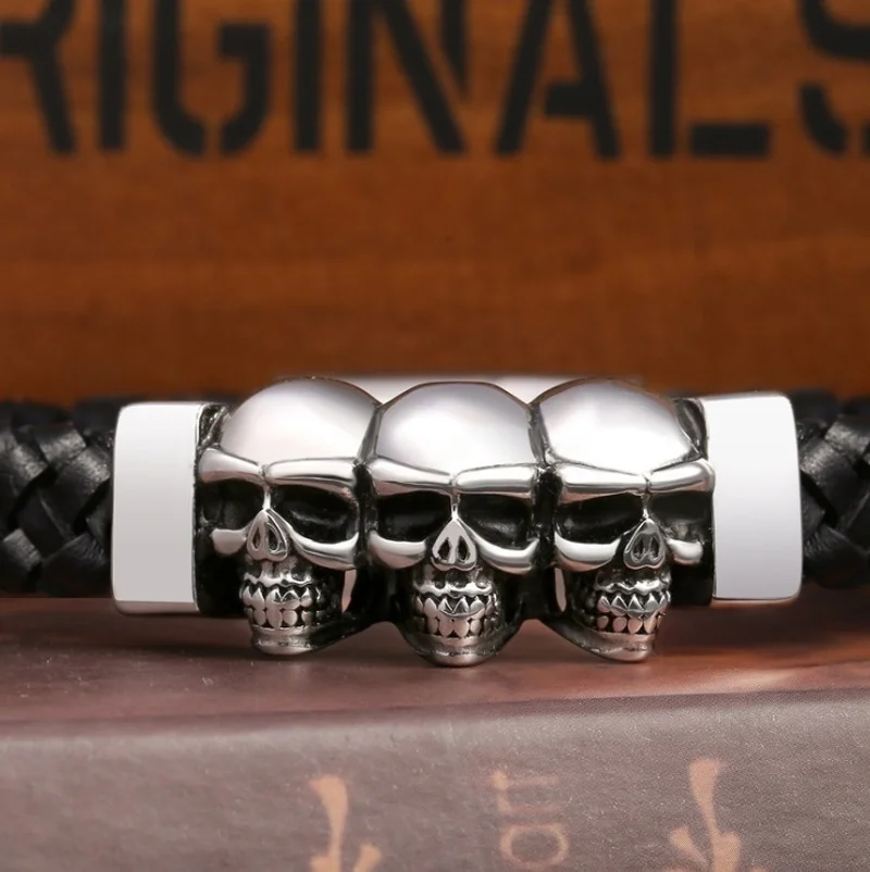 Men Skull Ghost Leather Woven Bracelet Hand Made Multilayer Leather Bracelet